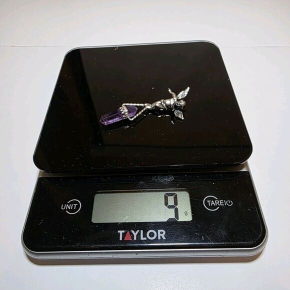 TJF 925 STERLING SILVER CHERUB GUARDIAN ANGEL WITH NATURAL AMETHYST PENDANT - Picture 5 of 10
